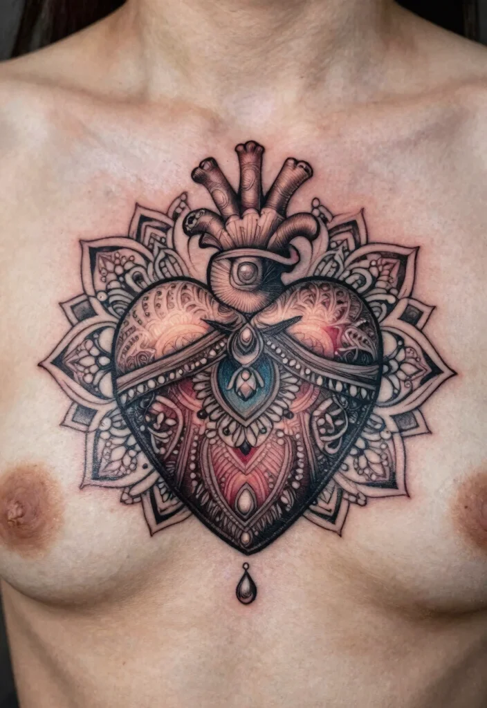 18 Sacred Heart Chest Tattoo Ideas With Bold Devotion - 10. Sacred Heart with Mandala Elements 1