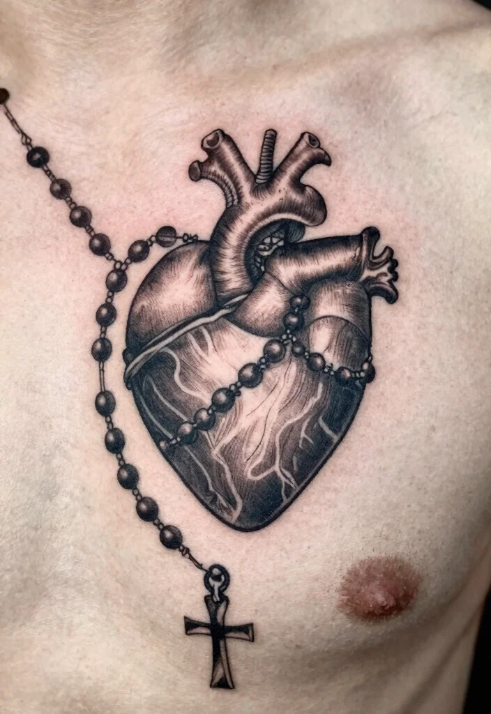 18 Sacred Heart Chest Tattoo Ideas With Bold Devotion - 11. Sacred Heart with a Rosary 1