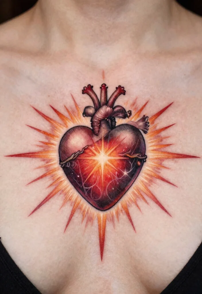 18 Sacred Heart Chest Tattoo Ideas With Bold Devotion - 14. Sacred Heart with Starburst 1