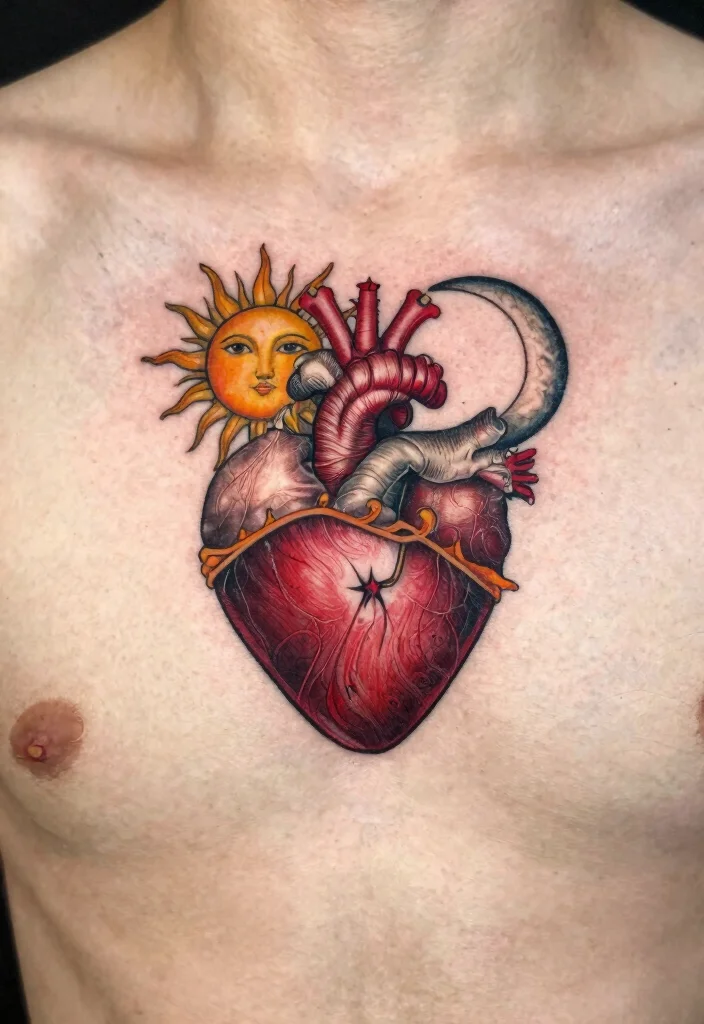 18 Sacred Heart Chest Tattoo Ideas With Bold Devotion - 15. Sacred Heart with Sun and Moon 1