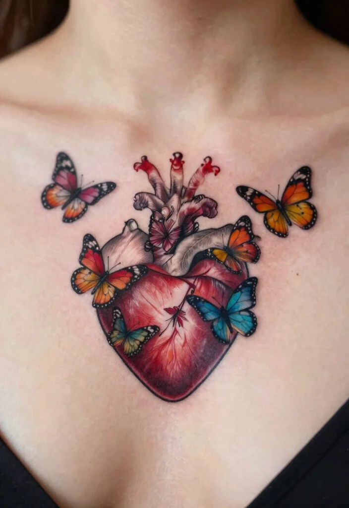 18 Sacred Heart Chest Tattoo Ideas With Bold Devotion - 16. Sacred Heart with Butterflies 1