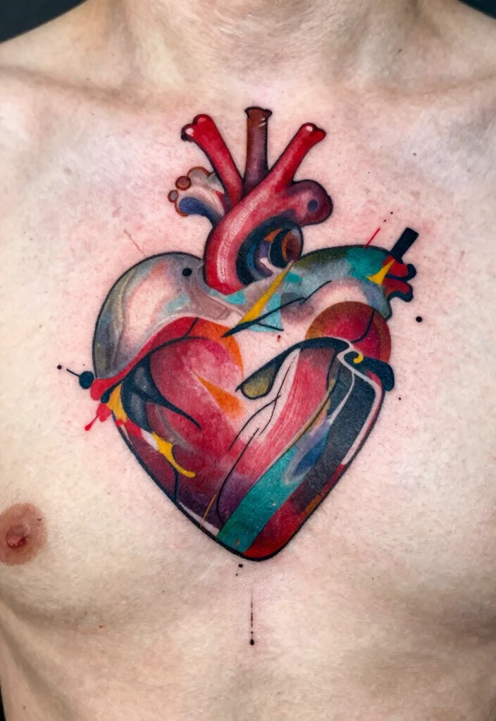 18 Sacred Heart Chest Tattoo Ideas With Bold Devotion - 17. Sacred Heart with Abstract Art 1