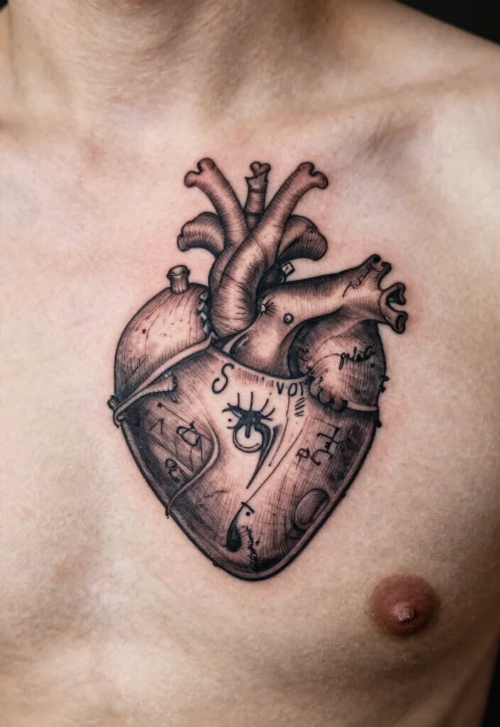 18 Sacred Heart Chest Tattoo Ideas With Bold Devotion - 18. Sacred Heart with Personal Symbolism 1