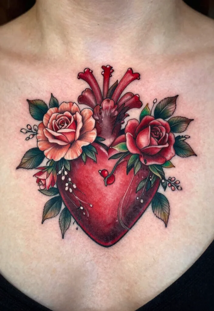 18 Sacred Heart Chest Tattoo Ideas With Bold Devotion - 2. Floral Sacred Heart Design 1