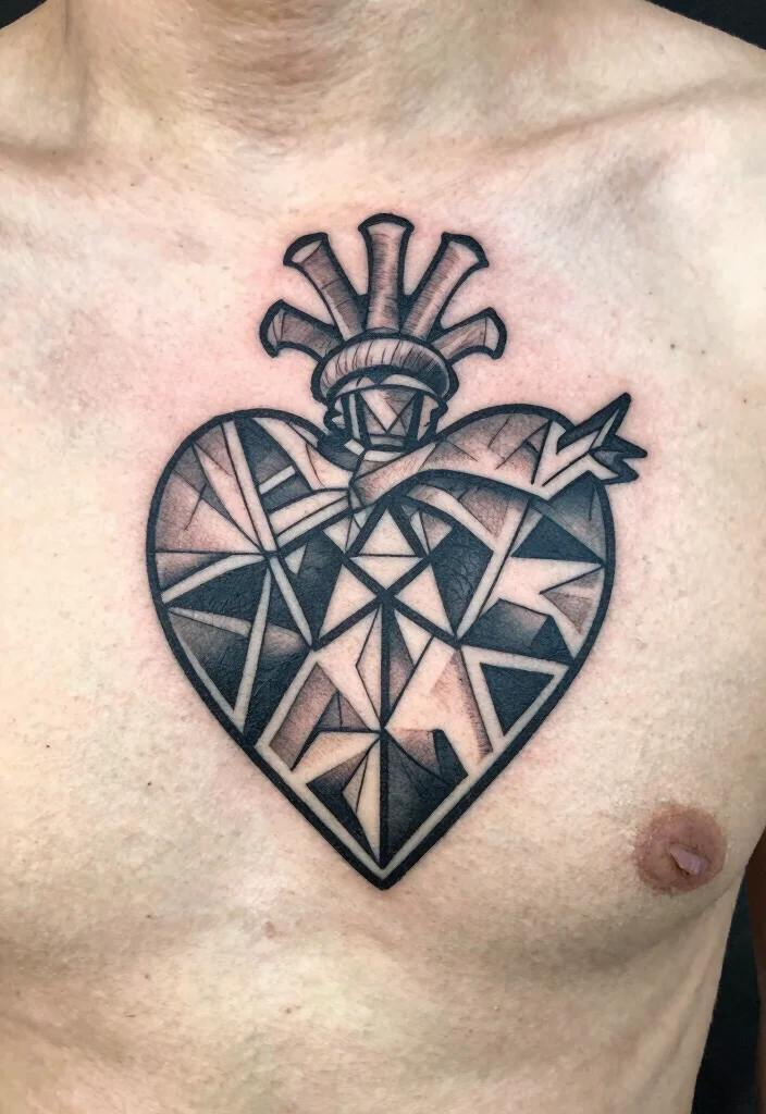 18 Sacred Heart Chest Tattoo Ideas With Bold Devotion - 3. Geometric Sacred Heart 1