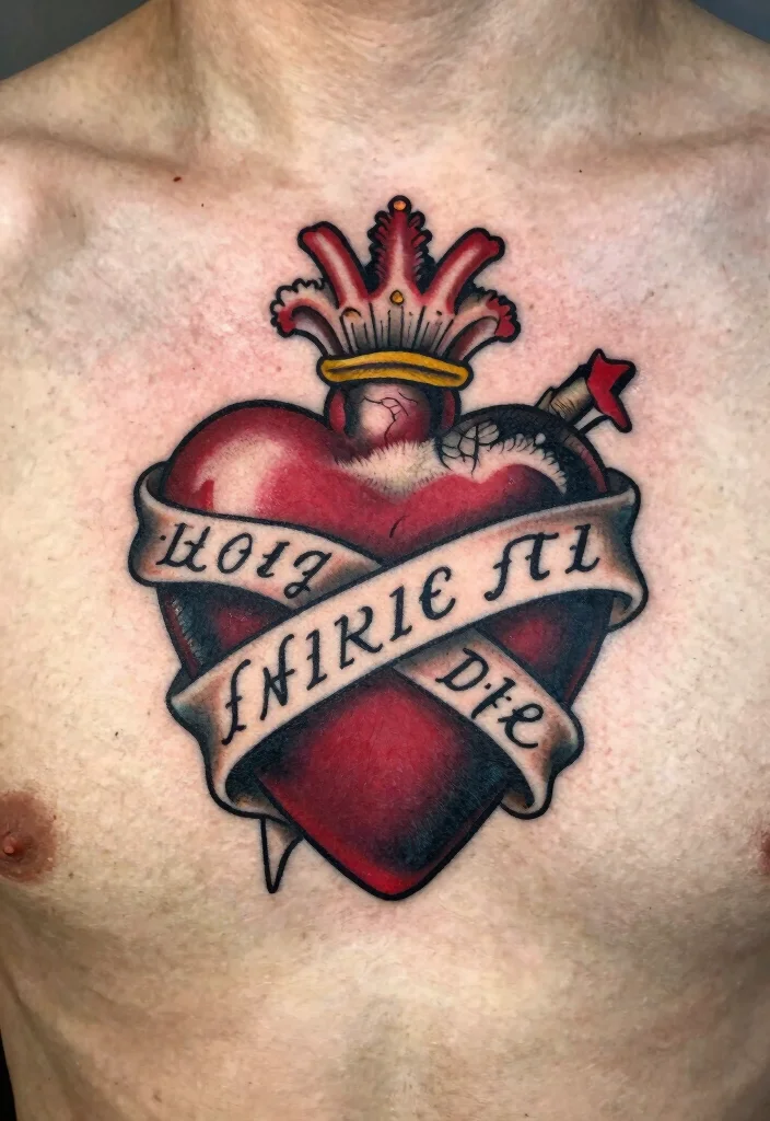 18 Sacred Heart Chest Tattoo Ideas With Bold Devotion - 4. Traditional Sacred Heart with Banner 1