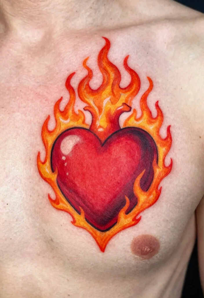 18 Sacred Heart Chest Tattoo Ideas With Bold Devotion - 6. Heart and Flame Combination 1