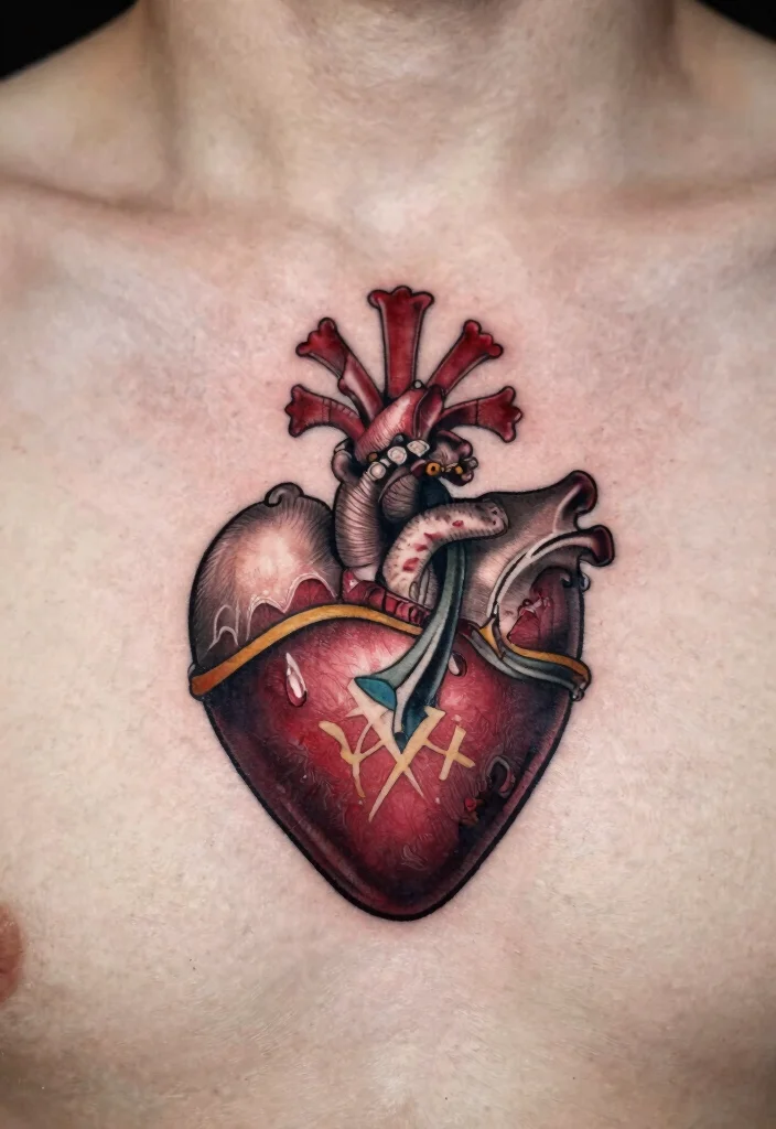18 Sacred Heart Chest Tattoo Ideas With Bold Devotion - 7. Sacred Heart with Cross 1