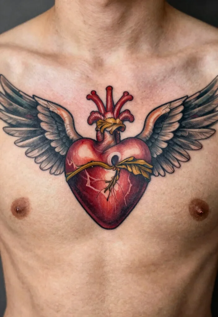 18 Sacred Heart Chest Tattoo Ideas With Bold Devotion - 8. Sacred Heart with Wings 1