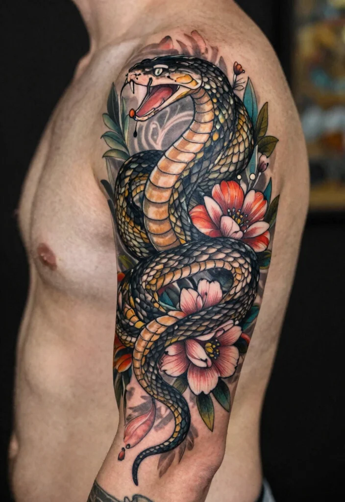 18 Snake Tattoo Leg Ideas With Dynamic Movement - 10. Half-Sleeve Snake Tattoos 1