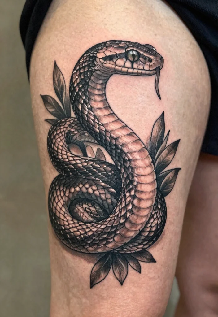 18 Snake Tattoo Leg Ideas With Dynamic Movement - 12. Realistic Snake Tattoos 1