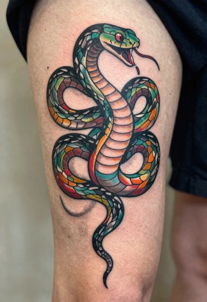 18 Snake Tattoo Leg Ideas With Dynamic Movement - 13. Stylized Snake Tattoos 1
