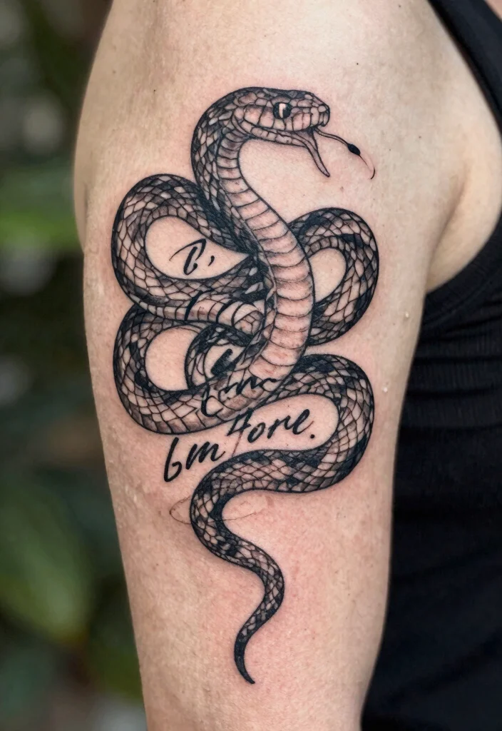 18 Snake Tattoo Leg Ideas With Dynamic Movement - 14. Snake with Quote Tattoos 1