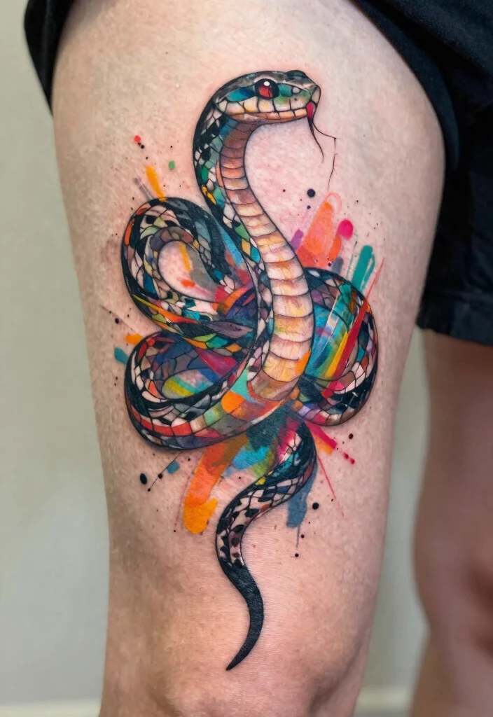 18 Snake Tattoo Leg Ideas With Dynamic Movement - 16. Abstract Snake Art 1