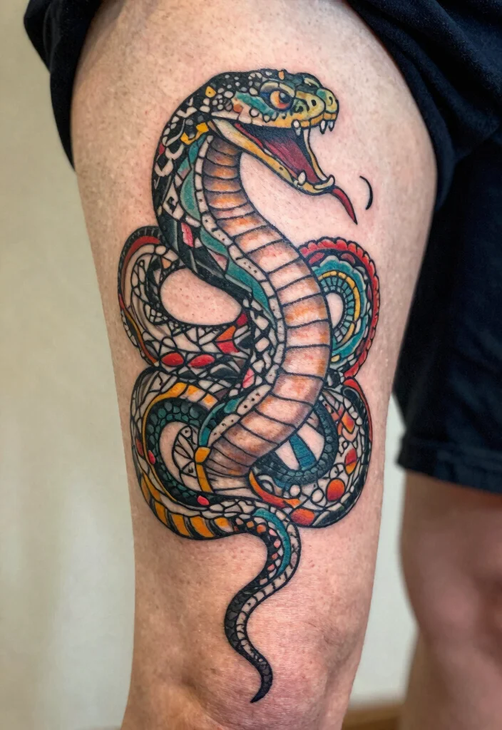18 Snake Tattoo Leg Ideas With Dynamic Movement - 18. Cultural Snake Tattoos 1