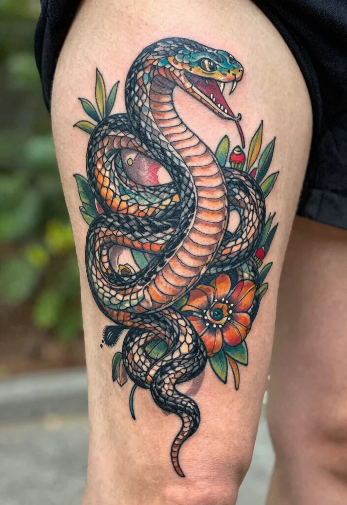 18 Snake Tattoo Leg Ideas With Dynamic Movement - 2. Intricate Detailing 1