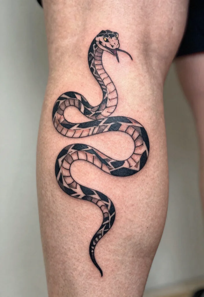18 Snake Tattoo Leg Ideas With Dynamic Movement - 4. Geometric Snake Tattoos 1