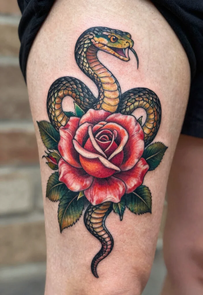 18 Snake Tattoo Leg Ideas With Dynamic Movement - 5. Snake and Rose Combination 1