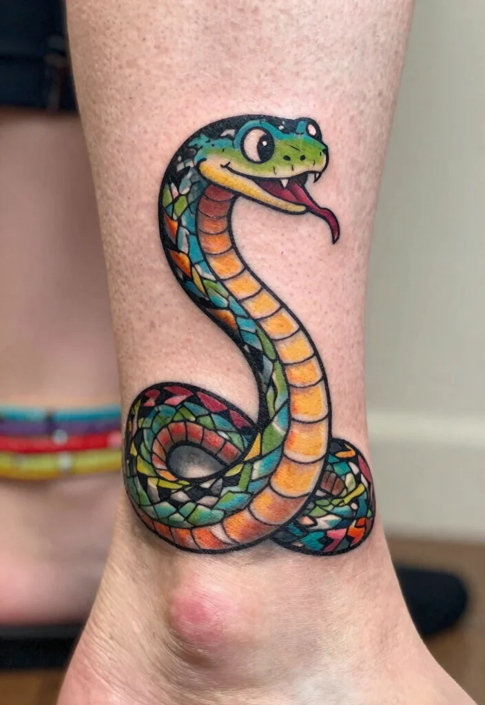 18 Snake Tattoo Leg Ideas With Dynamic Movement - 6. Whimsical Snake Designs 1