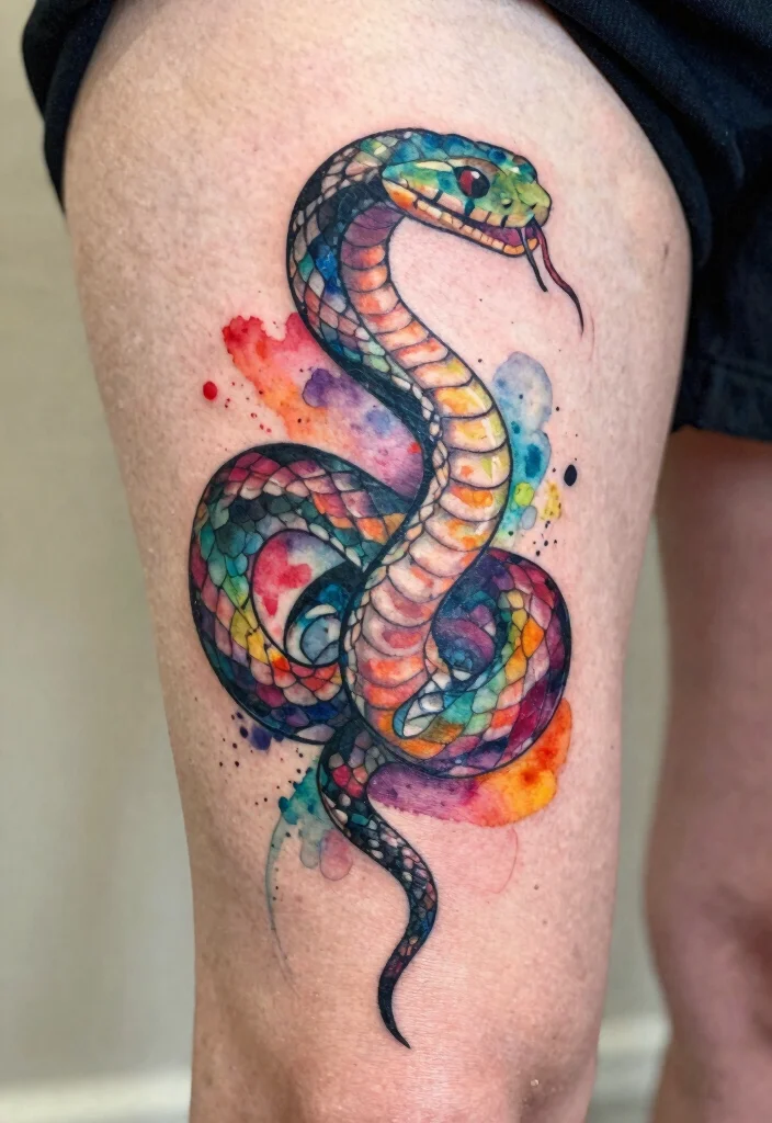 18 Snake Tattoo Leg Ideas With Dynamic Movement - 7. Watercolor Snake Tattoos 1
