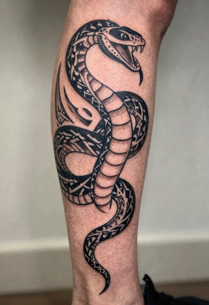 18 Snake Tattoo Leg Ideas With Dynamic Movement - 8. Tribal Snake Tattoos 1