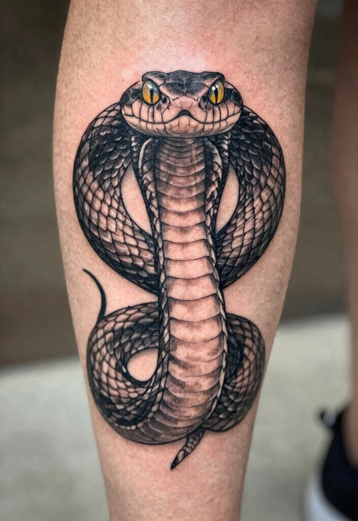 18 Snake Tattoo Leg Ideas With Dynamic Movement - 9. Serpent with Eyes 1
