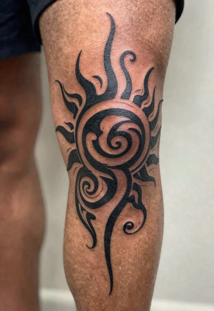 18 Sun Knee Tattoo Ideas With Radiant Edge - 10. Tribal Sun Tattoo 1