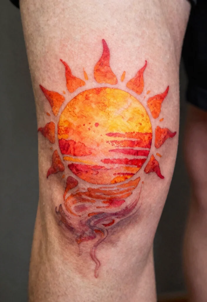 18 Sun Knee Tattoo Ideas With Radiant Edge - 11. Watercolor Sun Tattoo 1