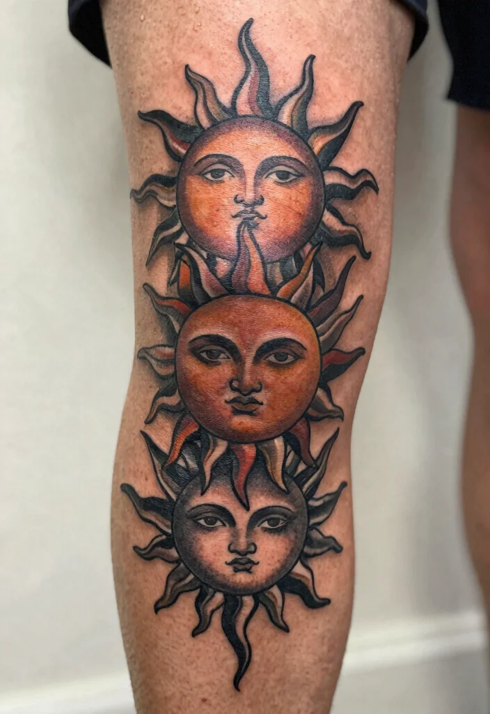 18 Sun Knee Tattoo Ideas With Radiant Edge - 14. Layered Sun Tattoos 1