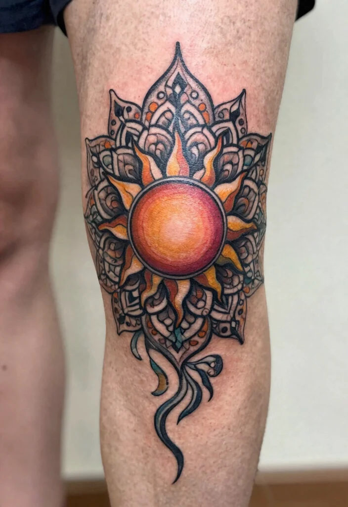 18 Sun Knee Tattoo Ideas With Radiant Edge - 15. Sun Mandala Tattoo 1