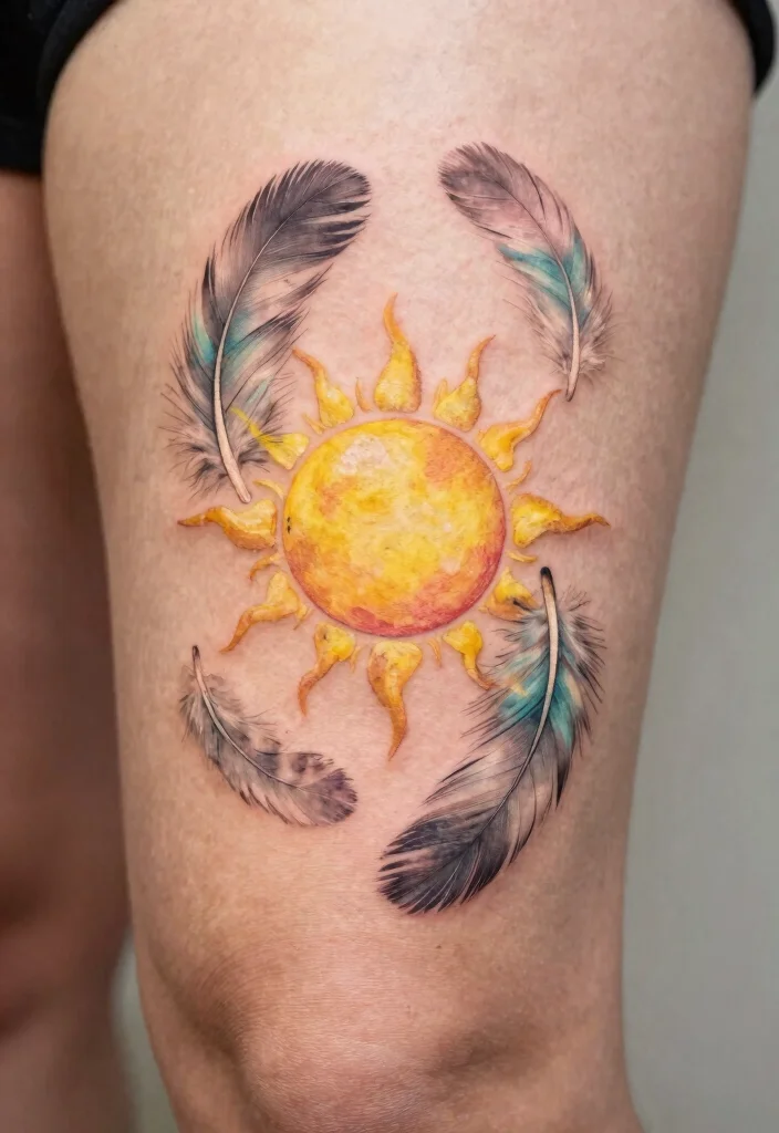 18 Sun Knee Tattoo Ideas With Radiant Edge - 17. Sun with Feathers 1