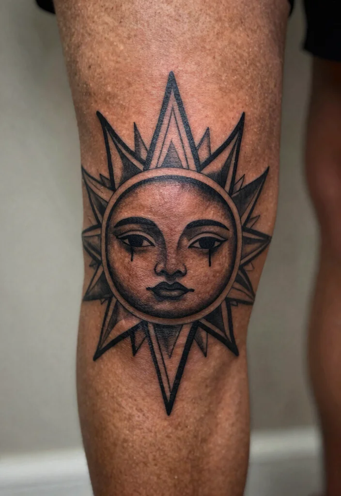 18 Sun Knee Tattoo Ideas With Radiant Edge - 3. Geometric Sun Designs 1