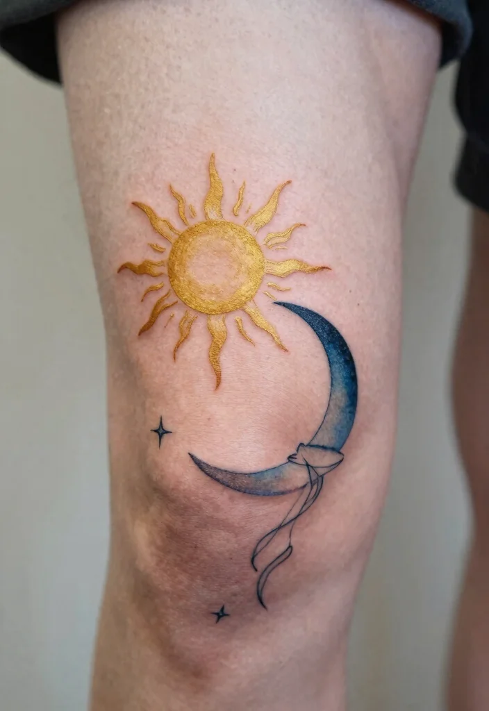 18 Sun Knee Tattoo Ideas With Radiant Edge - 4. Sun and Moon Contrast 1