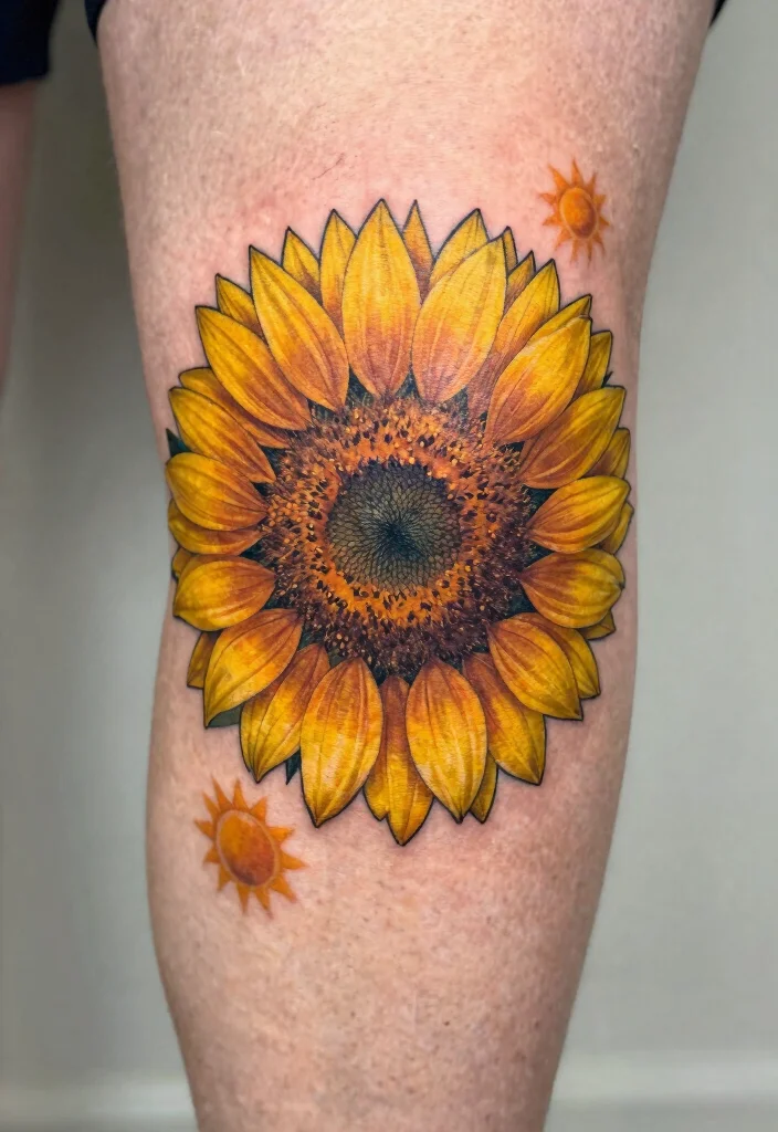 18 Sun Knee Tattoo Ideas With Radiant Edge - 7. Sunflower Knee Tattoo 1