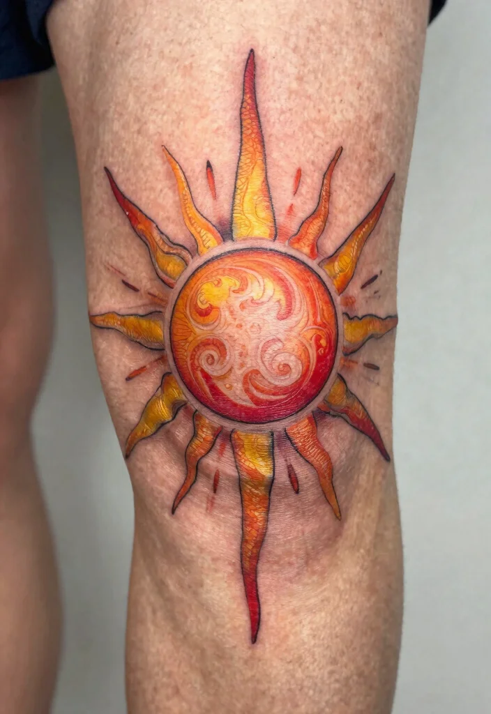 18 Sun Knee Tattoo Ideas With Radiant Edge - 8. Artistic Sun Rays 1