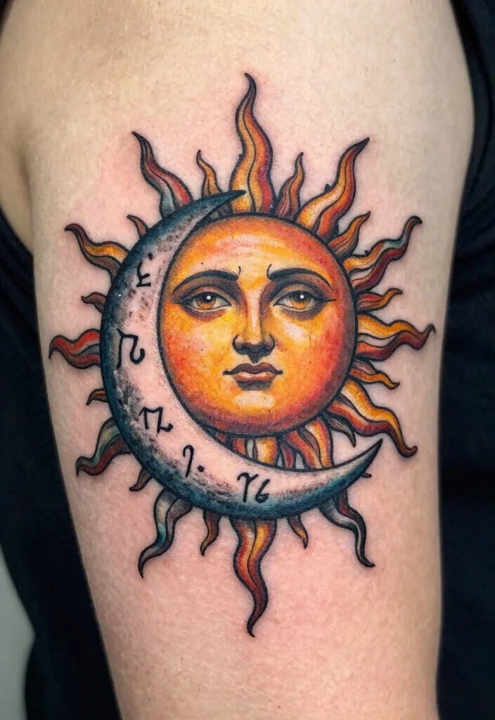 18 Sun and Moon Traditional Tattoo Ideas With Classic Symbolism - 12. Sun and Moon with Zodiac Signs 1