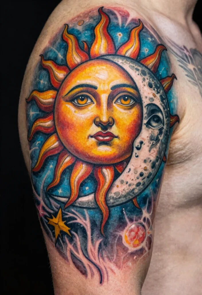 18 Sun and Moon Traditional Tattoo Ideas With Classic Symbolism - 13. Oversized Sun and Moon Design 1