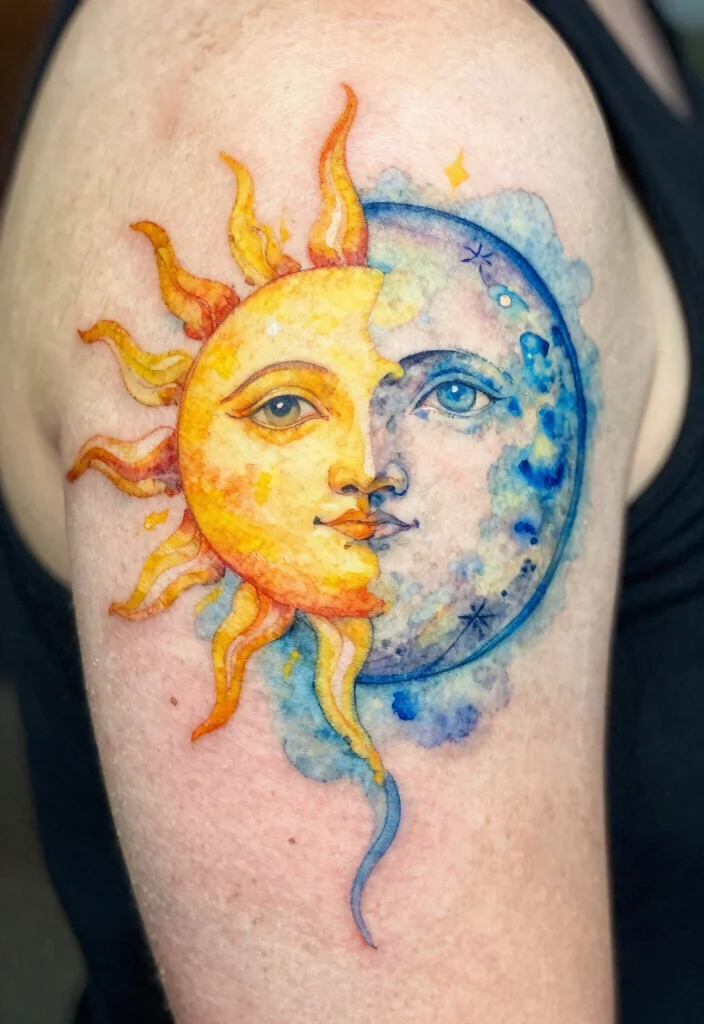 18 Sun and Moon Traditional Tattoo Ideas With Classic Symbolism - 14. Watercolor Sun and Moon 1