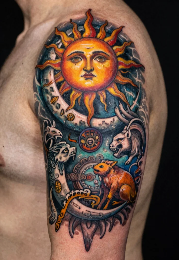 18 Sun and Moon Traditional Tattoo Ideas With Classic Symbolism - 16. Sun and Moon Tattoo with Mythological Elements 1
