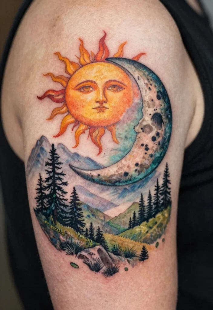 18 Sun and Moon Traditional Tattoo Ideas With Classic Symbolism - 17. Sun and Moon with Nature Elements 1
