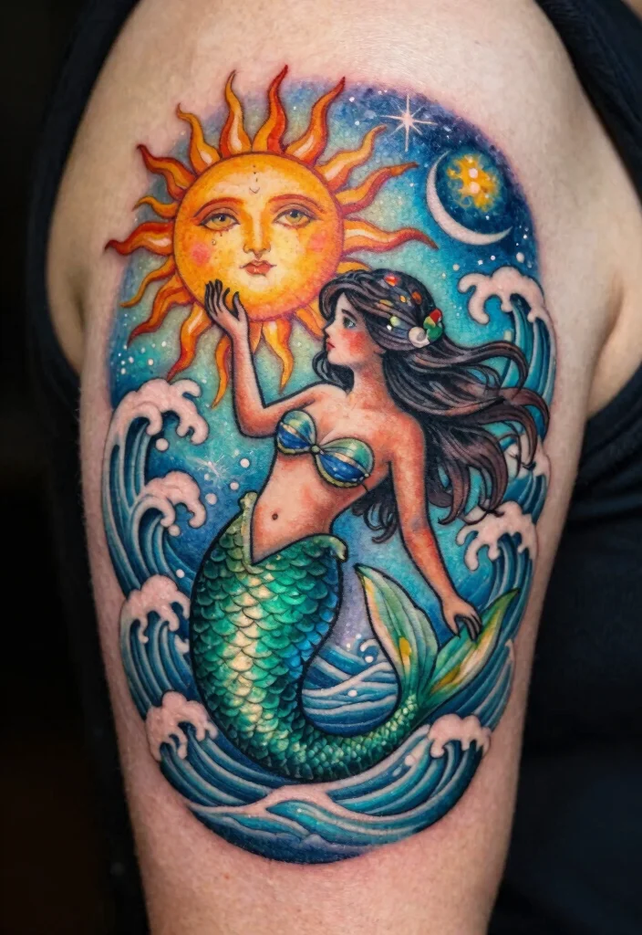 18 Sun and Moon Traditional Tattoo Ideas With Classic Symbolism - 18. Personalized Sun and Moon Mermaids 1