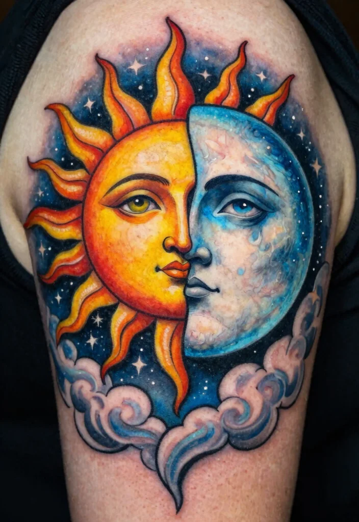 18 Sun and Moon Traditional Tattoo Ideas With Classic Symbolism - 3. Sun and Moon Embrace 1