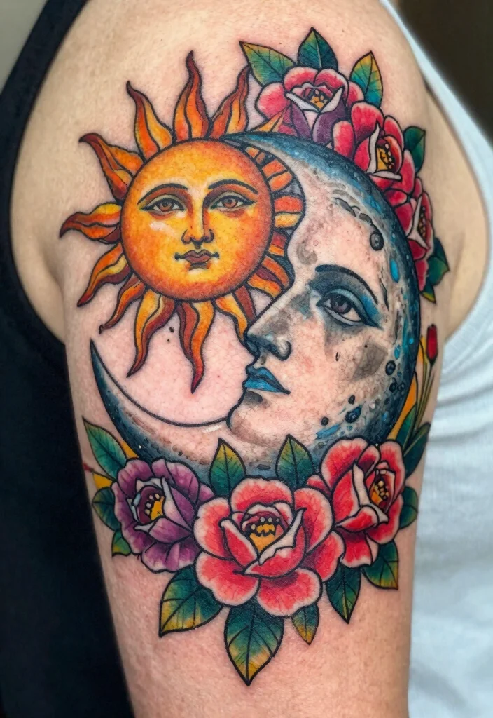 18 Sun and Moon Traditional Tattoo Ideas With Classic Symbolism - 5. Traditional Sun and Moon with Floral Accents 1