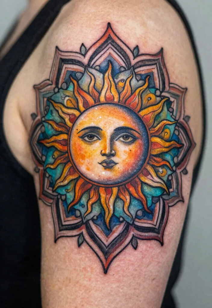 18 Sun and Moon Traditional Tattoo Ideas With Classic Symbolism - 6. Sun and Moon in Mandala Style 1