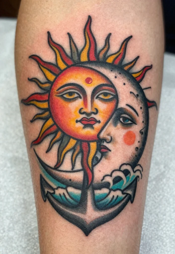 18 Sun and Moon Traditional Tattoo Ideas With Classic Symbolism - 7. Vintage Sun and Moon Portraits 1