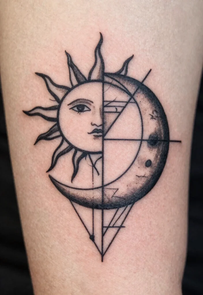 18 Sun and Moon Traditional Tattoo Ideas With Classic Symbolism - 8. Geometric Sun and Moon Tattoos 1