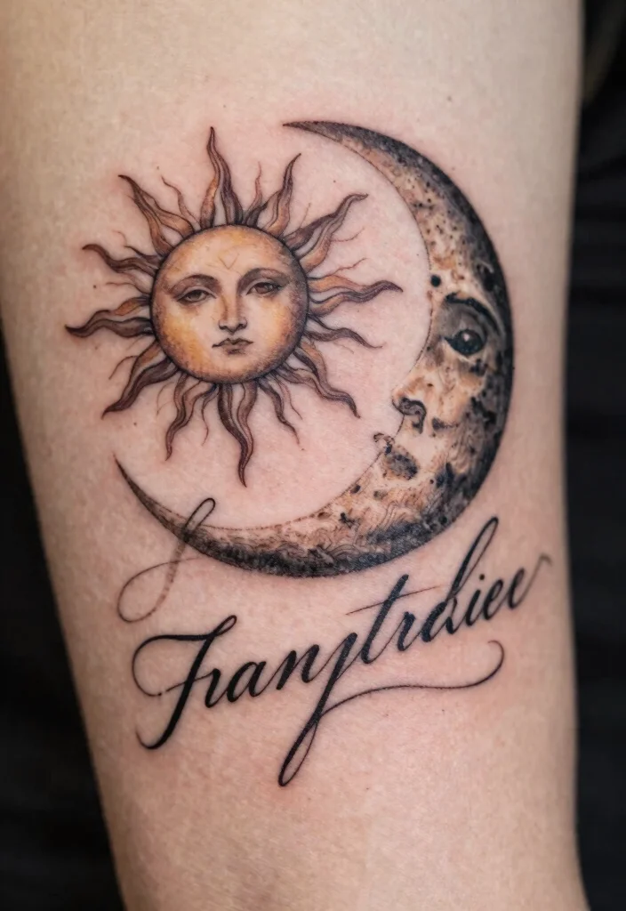 18 Sun and Moon Traditional Tattoo Ideas With Classic Symbolism - 9. Sun and Moon with Script 1