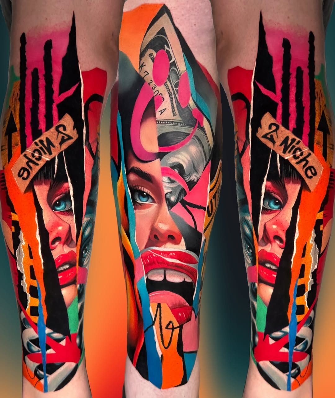A vibrant, colorful sleeve tattoo depicting a woman's face with bright red lips and blue eyes.