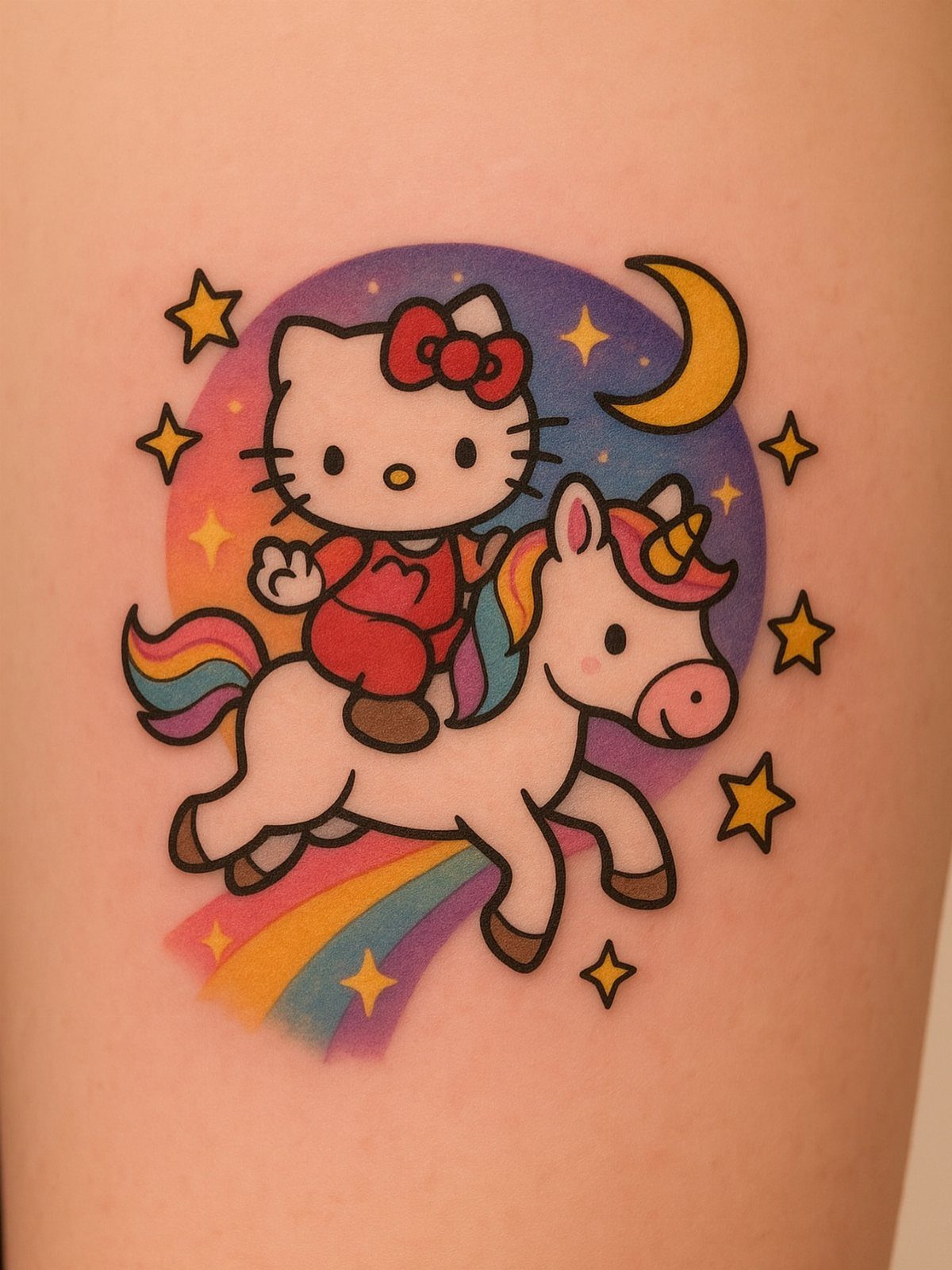 Hello Kitty riding a unicorn with a rainbow and stars tattooed on skin.