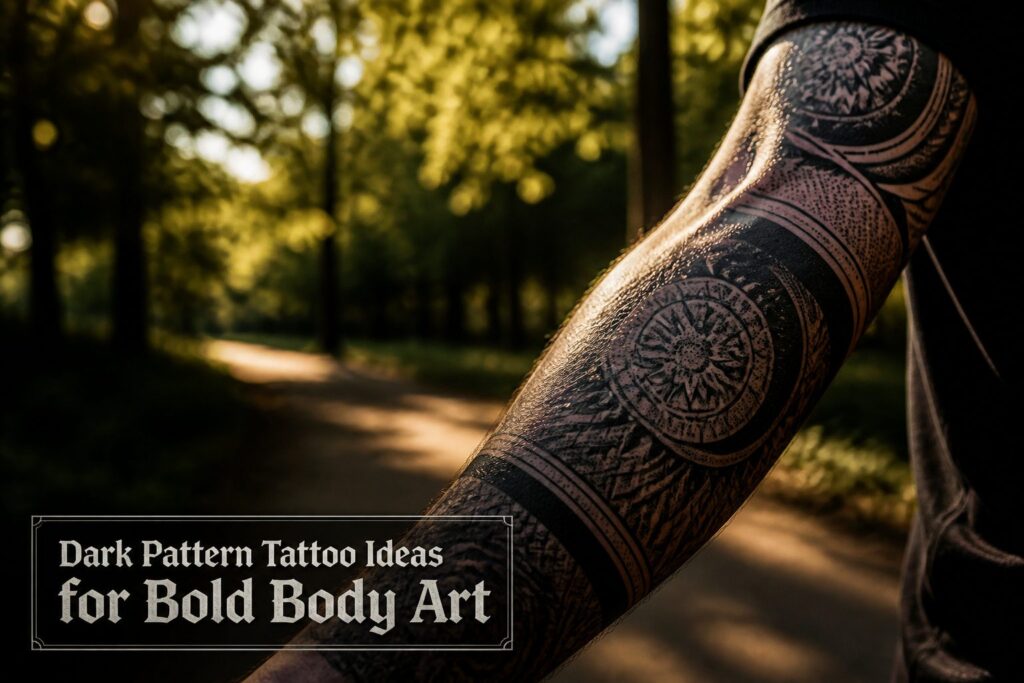 Close-up of a blackwork tattoo on a forearm with geometric patterns.